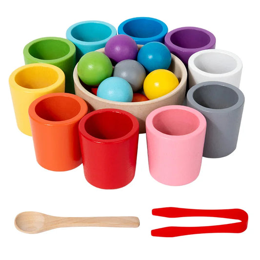 Montessori balls in cups set with wooden balls, color-coded cups, spoon, and tong for toddler fine motor and color matching play