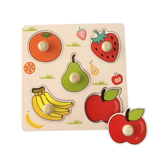 Wooden fruit puzzle for toddlers with strawberry, watermelon, and more