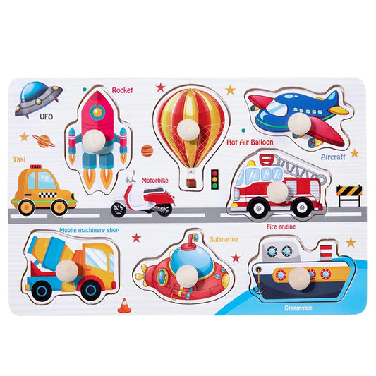 Wooden transport puzzle with cars, planes, and boats for toddlers