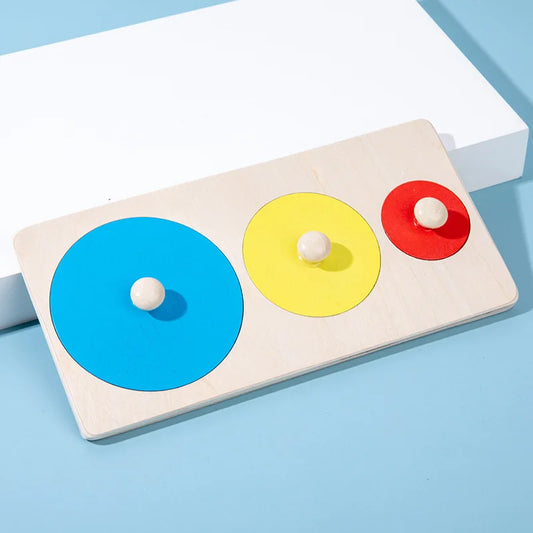 Wooden board Montessori puzzle with three different-sized circle pegs.