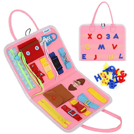 Montessori fine motor skill busy bag with multiple closures designed to support toddlers’ self-dressing and coordination.