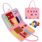 Montessori fine motor skill busy bag with multiple closures designed to support toddlers’ self-dressing and coordination.