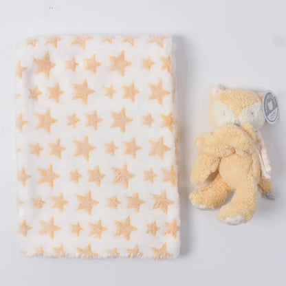 Blanket with star pattern and fox bear on a light gray background