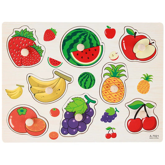 Montessori fruit puzzle with colorful pieces like pineapple and grapes