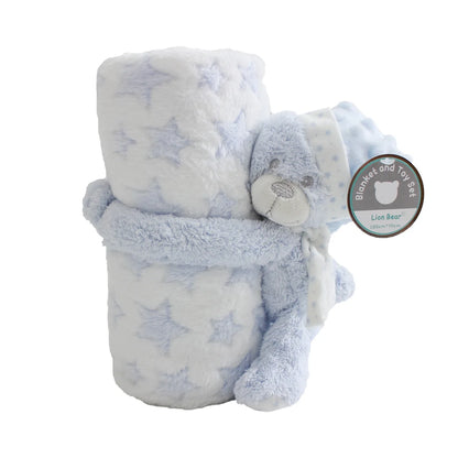 Blue plush toy and blanket set with star pattern on a white background