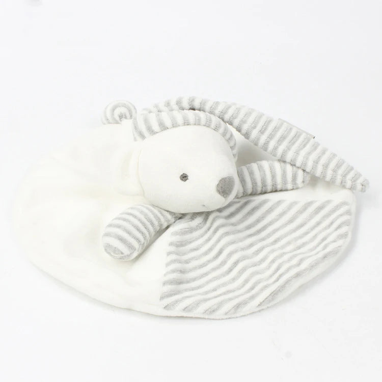 White and gray striped baby comfort blanket with a soft toy on a white background