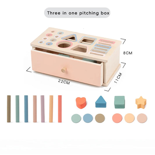 Montessori 3-in-1 slotting toy with wooden base; Educational wooden toy for fine motor skills; Slotting activity toy for babies and toddlers