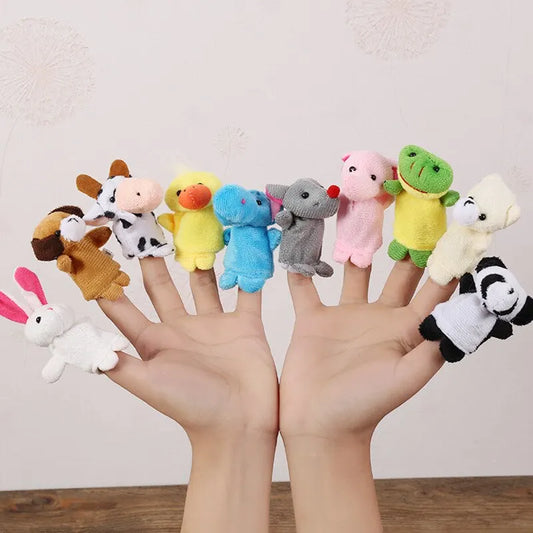Plush frog, dog, and rabbit finger puppets for imaginative play and early childhood storytelling.