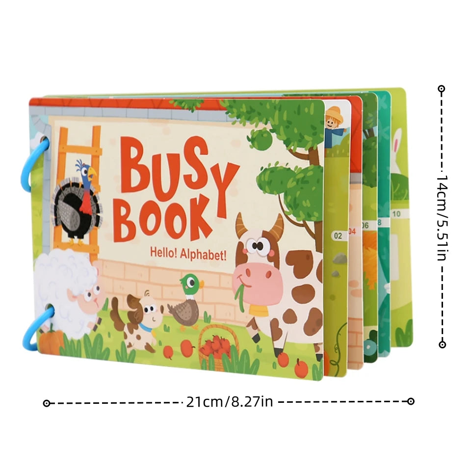 Interactive farm-themed busy book designed to enhance language skills and problem-solving through tactile play.
