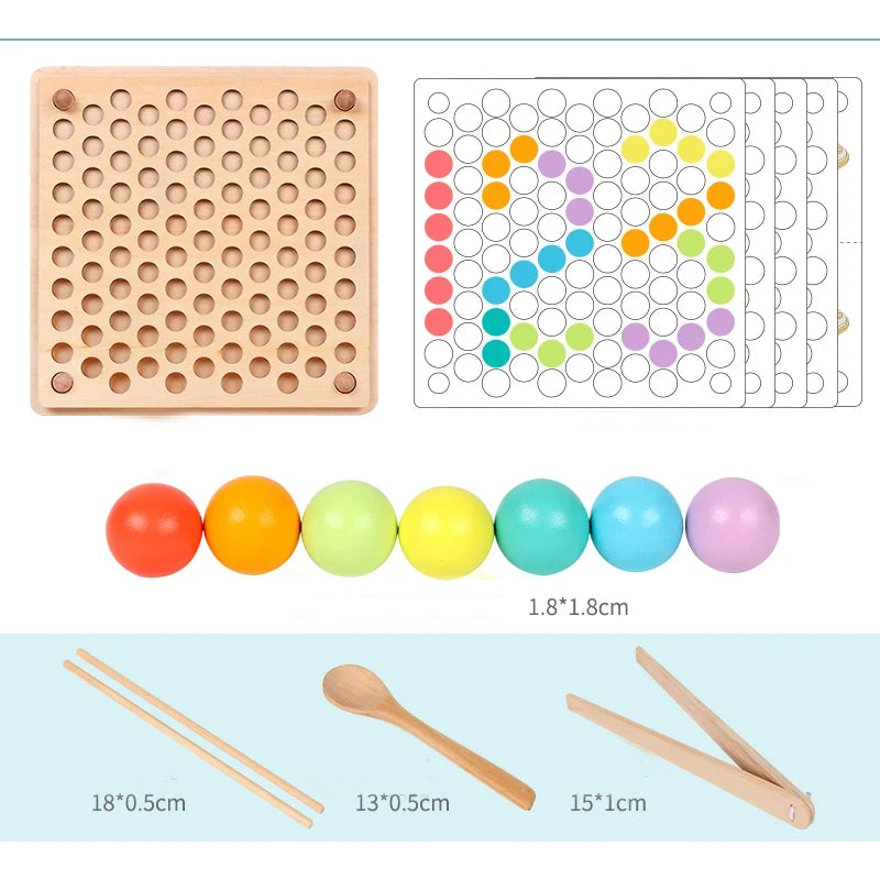 Interactive wooden toy with beads and clips promoting concentration and dexterity