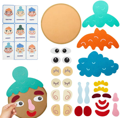 Emotional development toy with mix-and-match felt facial expressions