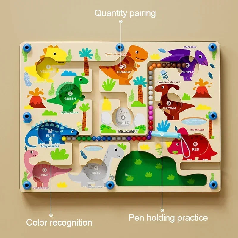 Educational wooden dinosaur maze toy for kids developing fine motor skills and colour recognition