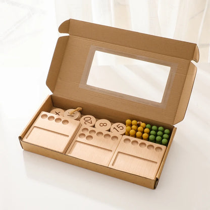 Early math learning toy featuring a wooden peg board for counting, grouping, and number recognition
