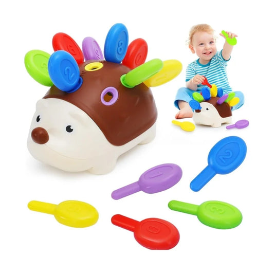 Sensory Hedgehog Toy with colorful numbered pegs for fine motor skill development and number recognition in babies