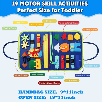 Blue Montessori activity board featuring shoelaces, gears, and snap pockets