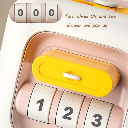 Educational toddler activity cube featuring a lock drawer and spinning fan