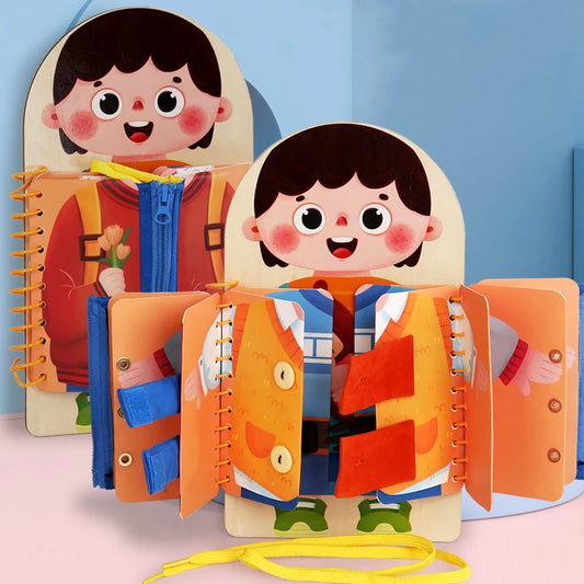Montessori practical life skills activity book with zipper, button, and tie features for toddler fine motor and self-dressing practice