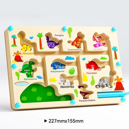 Close-up of colourful dinosaur-shaped beads being sorted on Montessori maze board