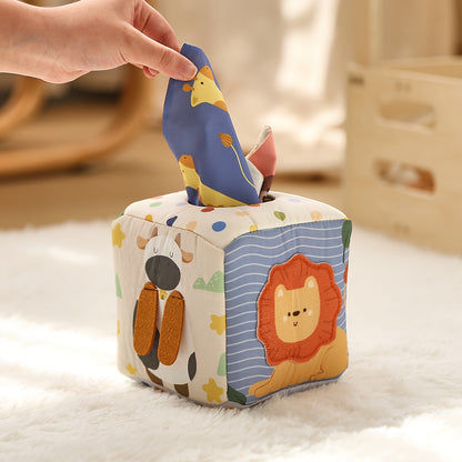 Baby sensory toy featuring a tissue play box with vibrant soft tissues to enhance tactile learning and hand dexterity.