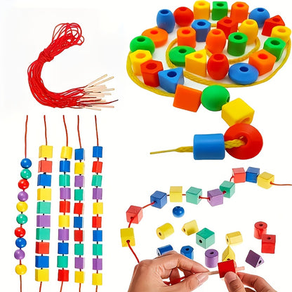 Child threading colorful shape beads onto a string from the Weave and Shape Beads Set.