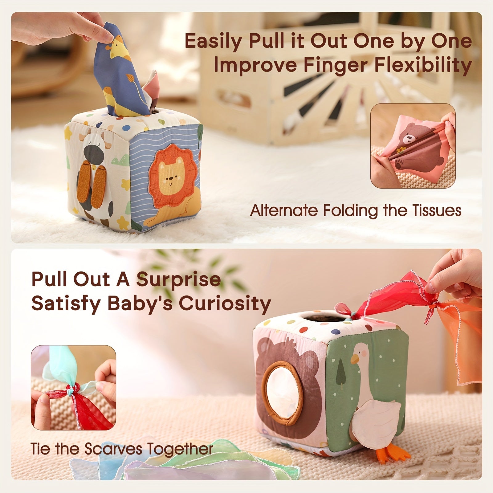 Colorful tissue play box toy encouraging sensory play and improving fine motor skills in infants and toddlers.