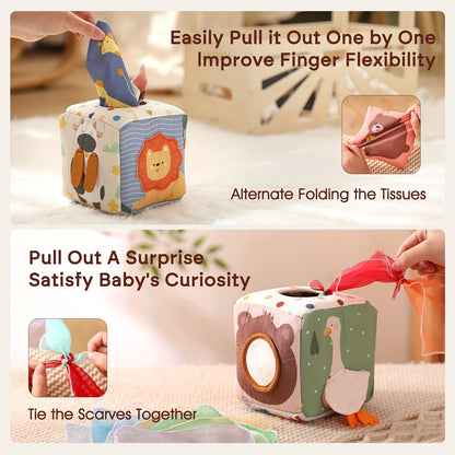 Colorful tissue play box toy encouraging sensory play and improving fine motor skills in infants and toddlers.