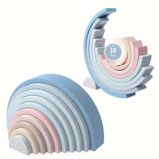 Soft blue BPA-free silicone stacking rainbow toy encouraging fine motor development