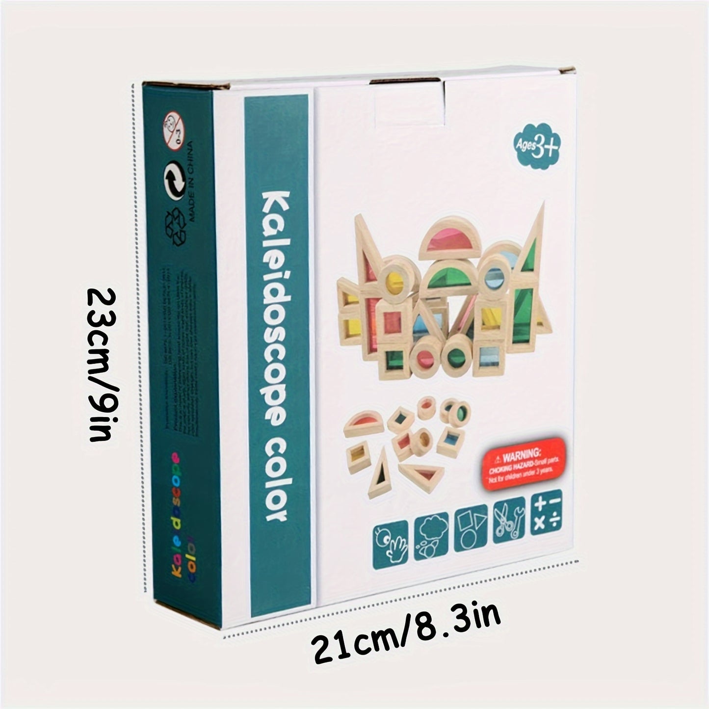 Box of Transparent geometric shape blocks in vibrant colors, ideal for promoting STEM learning and sensory exploration in kids.