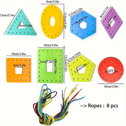 Educational threading set with geometric pieces laid out for interactive pattern play.