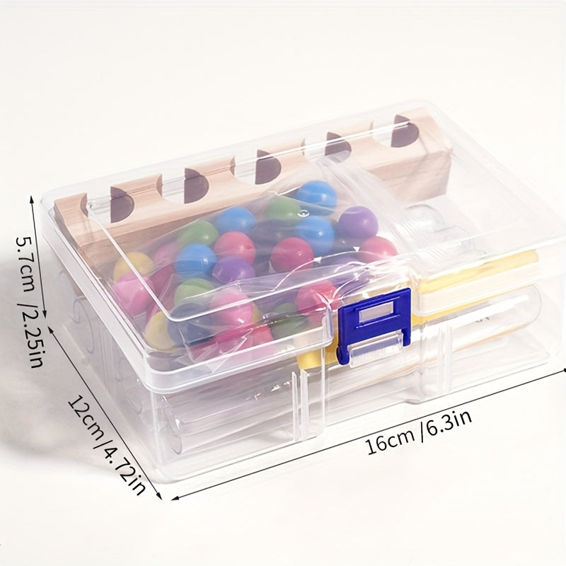 Montessori-inspired test tubes bead set with bright beads and wooden stand, perfect for improving hand-eye coordination and color recognition.