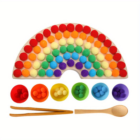 Rainbow Clip Ball activity set with wooden tools, pompoms, and sorting board.