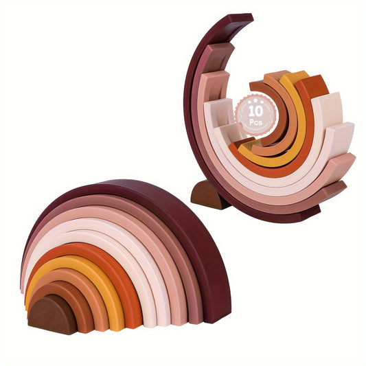 Colorful BPA-free silicone stacking rainbow toy promoting creativity and fine motor skills in toddlers