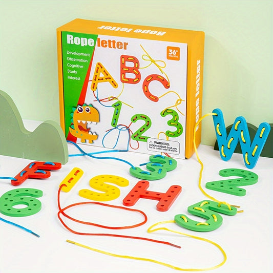 Educational wooden threading set with vibrant letters and numbers for preschool learning.