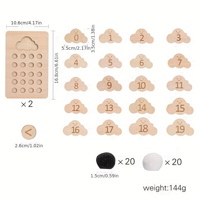 Montessori-style wooden cloud number board with contrasting pompoms for early math skills and sensory play.