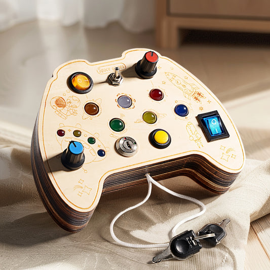 Durable wooden circuit board with space design encouraging STEM and imaginative play.
