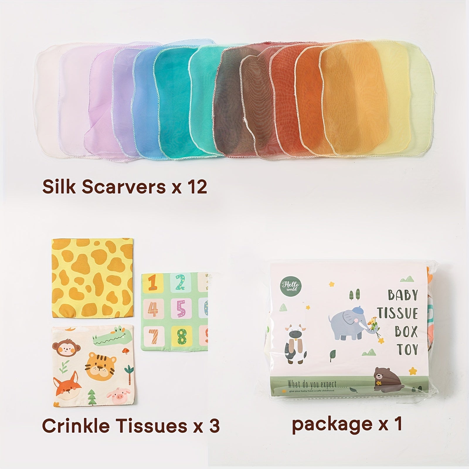 Engaging tissue play box with vibrant tissues for sensory stimulation and early motor skill practice in infants.