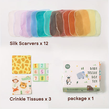Engaging tissue play box with vibrant tissues for sensory stimulation and early motor skill practice in infants.