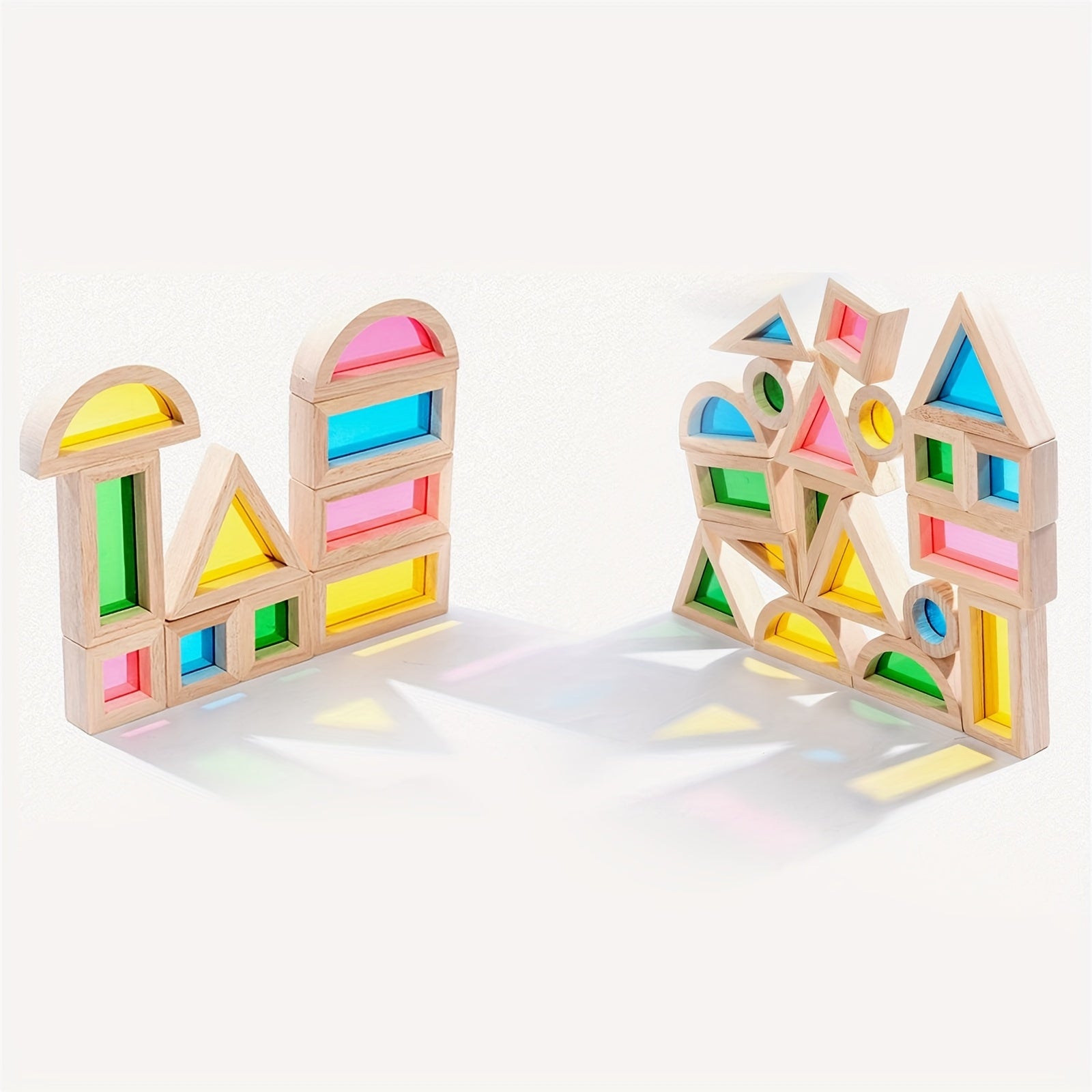 Educational translucent shape blocks with bright colors for creative play, supporting spatial reasoning and fine motor skills.