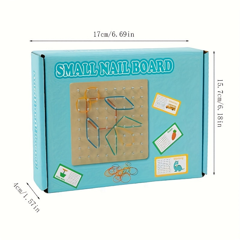 Box of colorful elastic bands on a wooden GeoBoard to form shapes and enhance early geometry learning.